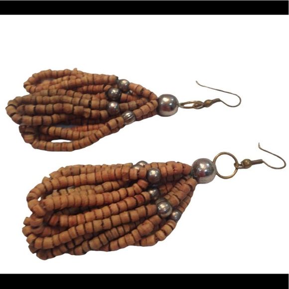 Vintage Wood Bead Dangling Earrings - Picture 1 of 2